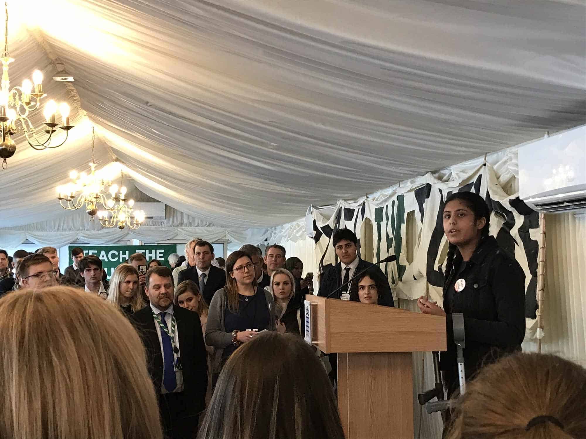 Scarlett Westbrook speaking at Teach the Future’s parliamentary reception